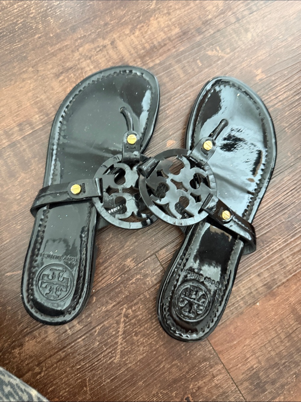 Tory Burch Black Patent Logo Circle Slide Sandals